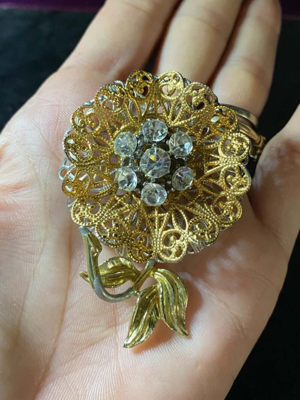 Silver Gold Tone Filigree 2 Layer Rhinestone Flower Brooch